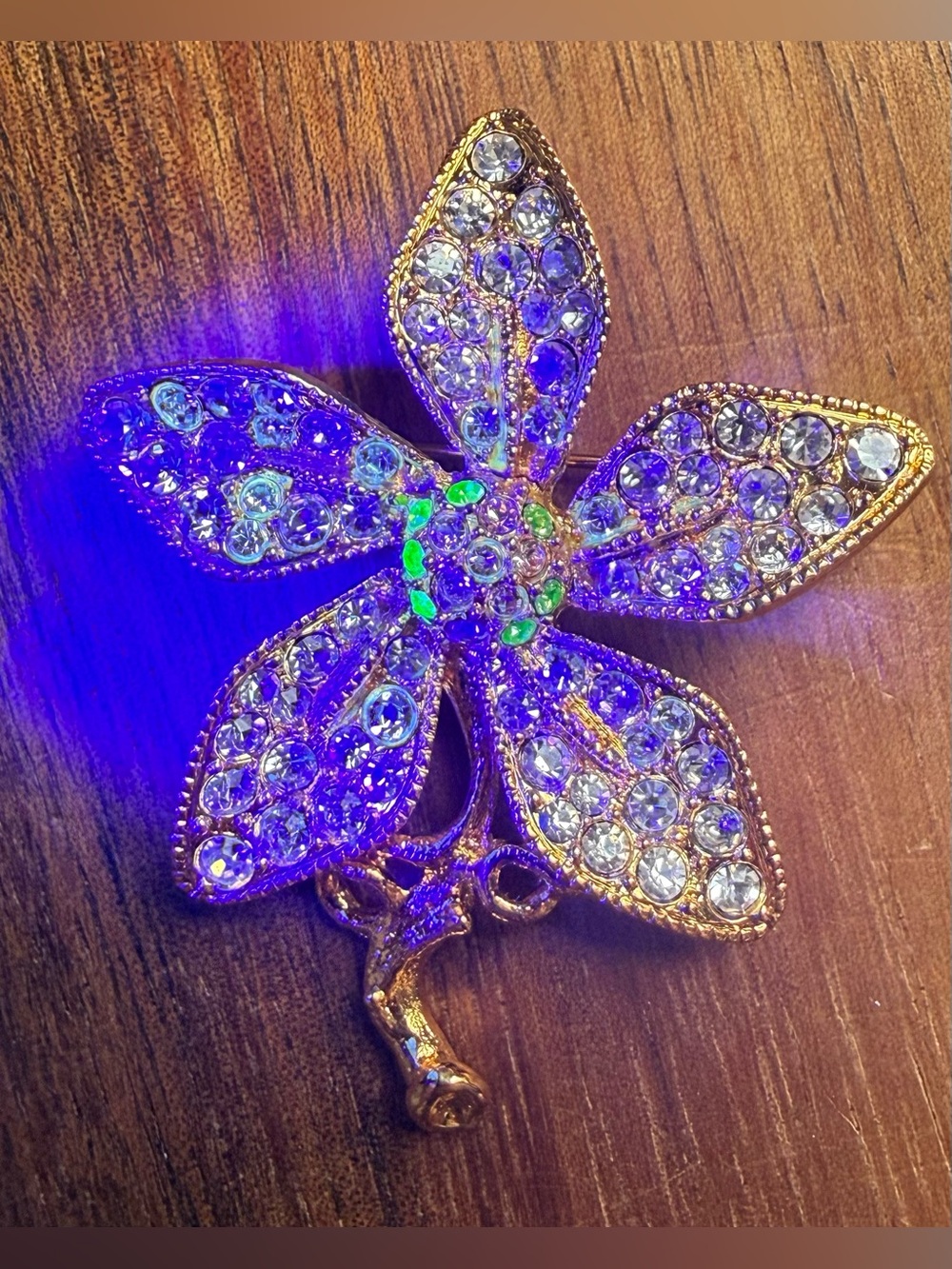 VTG Uranium Glass Floral Flower Brooch Gold Tone Rhinestone